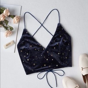 Verdusa Velvet Galaxy Print Crisscross Back Spaghetti Strap Crop Cami Top